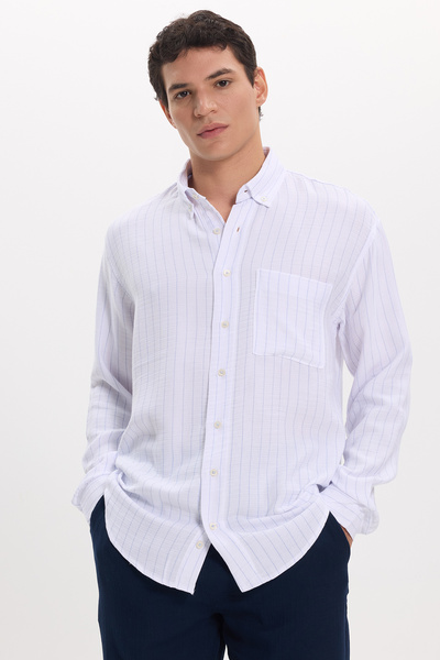 Tudors Men's relaxed fit striped pocket shirt in breathable linen-blend musli...