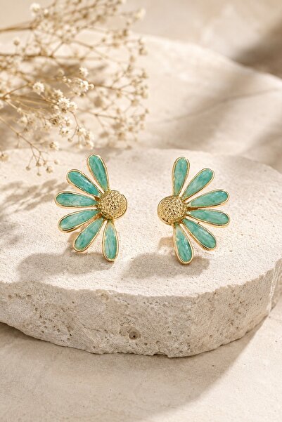 Jack Ferrero Daisy Turquoise Gold Detailed Daisy Shaped Steel Women's Earrings