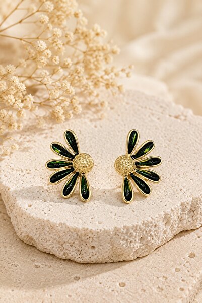 Jack Ferrero Daisy Green Gold Detailed Daisy Shaped Steel Women's Earrings