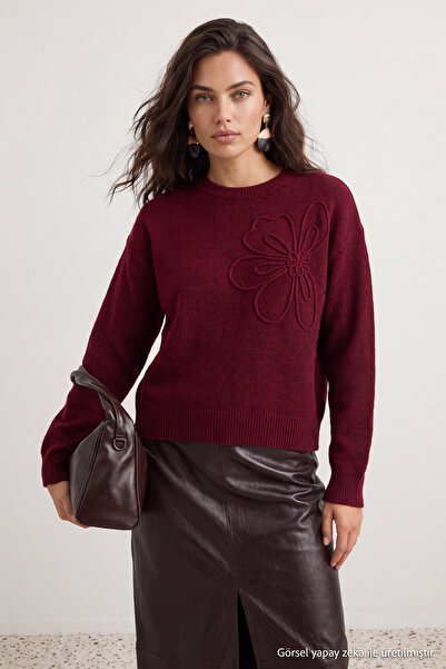 Trendyol Collection سترة تريكو منقوشة بشريط ناعم باللون العنابي TWOAW26KZ00110