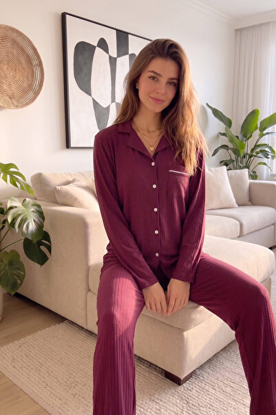 Pijamaevi Mürdüm Dublin Önden Düğmeli Uzun Kollu Kadın Pijama Takımı