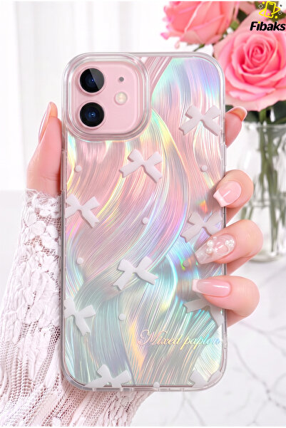 Fibaks iPhone 11 Kılıf Parlak Hologramlı Fiyonk Desenli Darbe Emici Kamera Çı...