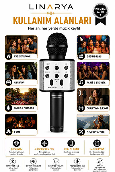 linarya Kablosuz Bluetooth Karaoke Mikrofonu Dahili Hoparlörlü Echo Efektli Şarjlı Mikrofon