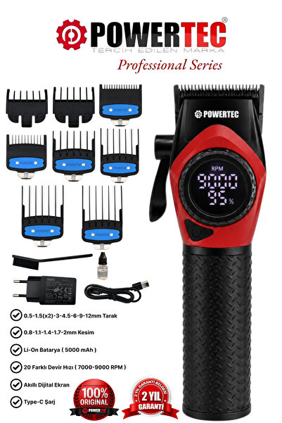 POWERTEC TR-5100 Profesyonel Saç Tıraş Makinesi | 9000 RPM Dijital Ekran | Şa...