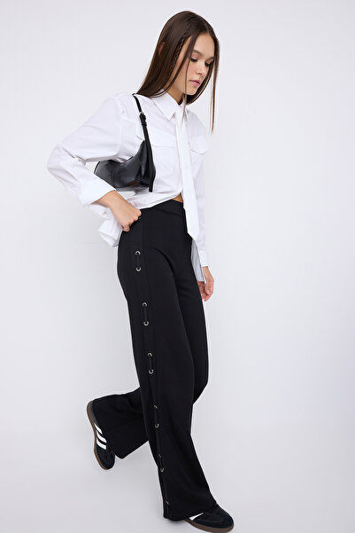 Trendyol Collection Black Side Eyelet Detail Flare/Spanish Leg Knitted Pants ...