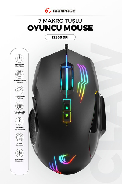 Rampage SMX-G38 CLAW Usb 7 Makro Tuşlu RGB 12800 DPI Gaming Oyuncu Mouse