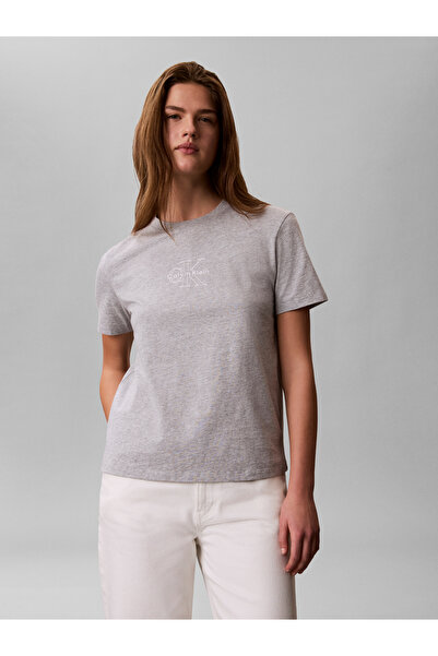 Calvin Klein Tricou gri cu mânecă scurtă, cu guler rotund, din bumbac, cu cro...