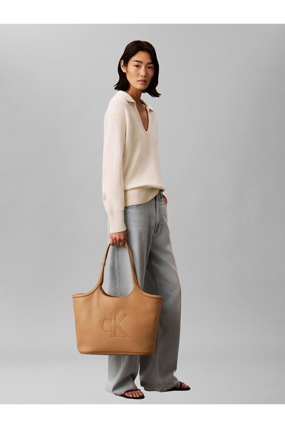 Calvin Klein Women's Brand Logo Plain Leather Short Strap Brown1 Bag
