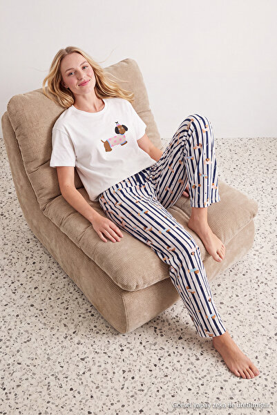 Trendyol Collection White Cotton Soft Touch Lycra Dog Patterned Knitted Pajam...