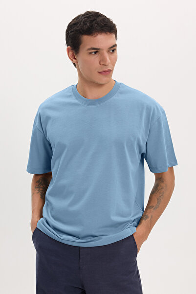Tudors Tricou albastru pentru bărbați, cu croială largi, 100% bumbac, cu gât ...