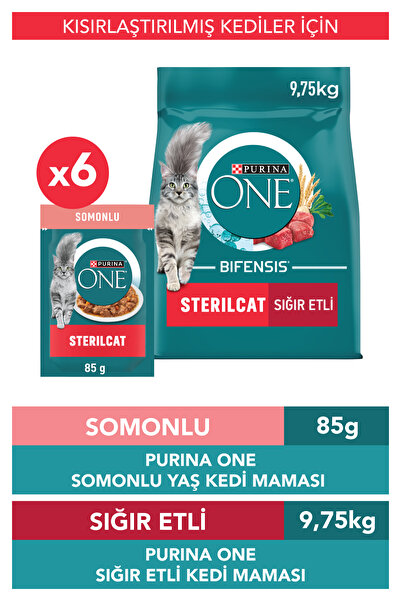 Purina One Sterilcat Sığır Eti Buğday Kısır Kedi Maması 9.75kg Somonlu Yaş Kı...