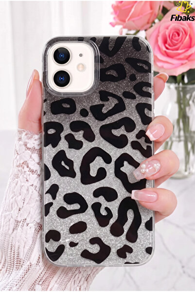 Fibaks Simli Leopar iPhone 11 Kılıf Glitter Leopard Şeffaf Telefon Kılıfı Sim...