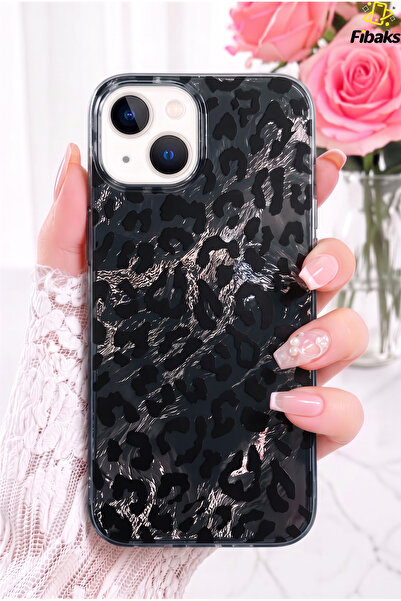 Fibaks iPhone 13/14/15 Kılıf Hologramlı Siyah Leopar Desenli Darbe Emici Kame...