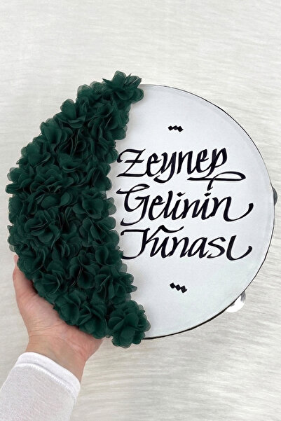 ZEYMERADE Zümrüt Yeşili Gelin Tefi 30 Cm, Kaligrafi Ve Lazer Çiçek Süslemeli,...