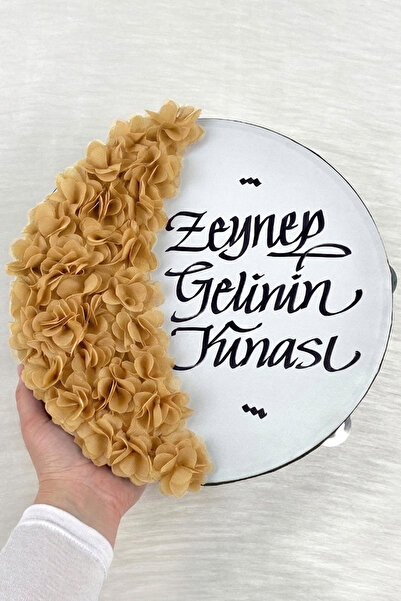 ZEYMERADE Gold Gelin Tefi 30 Cm, Kaligrafi Ve Lazer Çiçek Süslemeli, Düğün Sü...