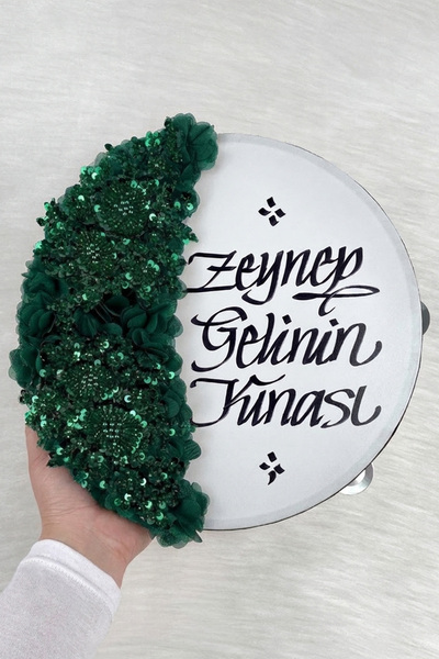 ZEYMERADE Zümrüt Yeşili Gelin Tefi 30 Cm, Kaligrafi Ve Vip Aplik Süslemeli, D...