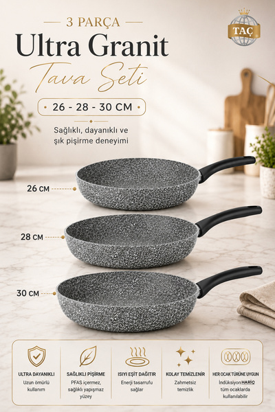 Taç 3 Parça Ultra Granit Tava Seti 26-28-30 Cm Gri