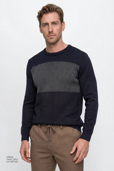 ALTINYILDIZ CLASSICS Navy Blue Men's Crew Neck Standard Argyle Patterned Swea...