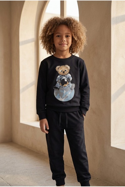 Katia&Bony Children's Astronaut Teddy Patterned Tracksuit Set Black