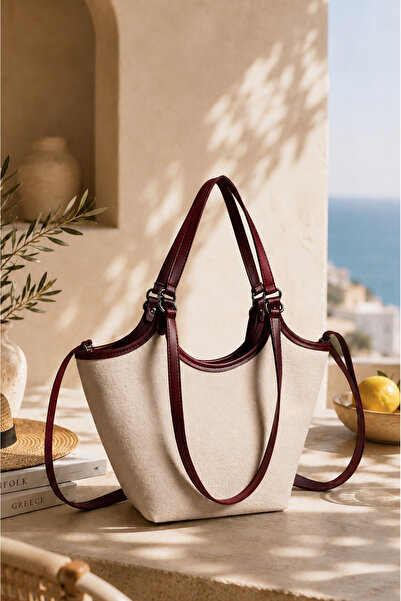 Rimense Women's Linen Burgundy Faux Leather Hand and Shoulder Bag