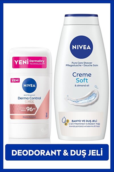 NIVEA Creme Soft Duş Jeli 750ml Ve Stick Deodorant Derma Control Clinical 50m...