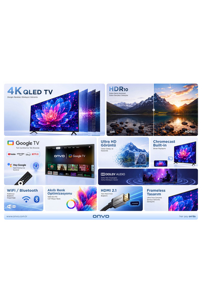 ONVO 85VQ90F3UA 85'' 216 Ekran Uydu Alıcılı 4K Ultra HD Google Smart QLED TV