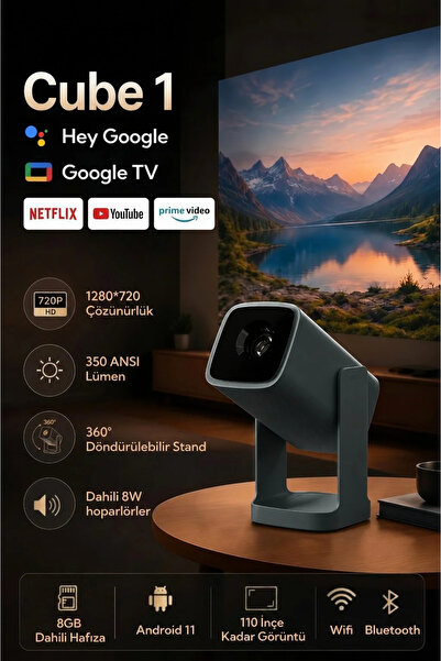 wanbo Cube 1 WiFi ve Bluetooth Özellikli Projektör, Google Sesli Kontrol