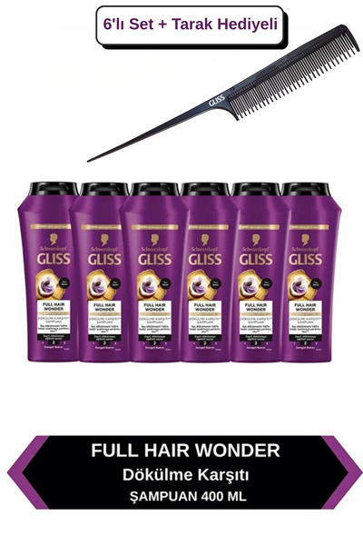 Gliss Full Hair Wonder Dökülme Karşıtı Şampuan 400 ml X6 Adet + Tarak Hediyeli