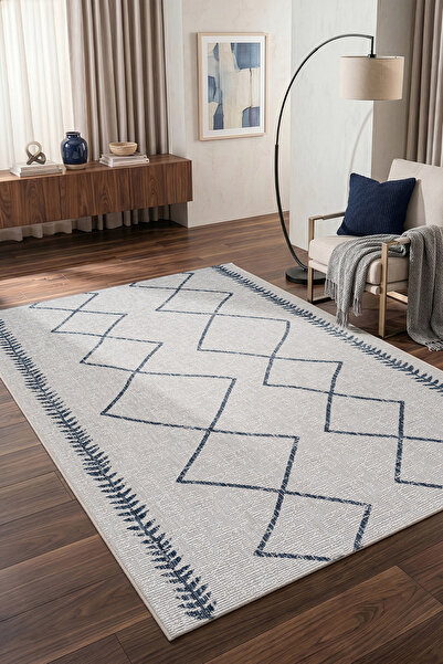 Koza Halı Fresco Ekru Lacivert İskandinav Jüt Yıkanabilir Halı Kilim Balkon T...