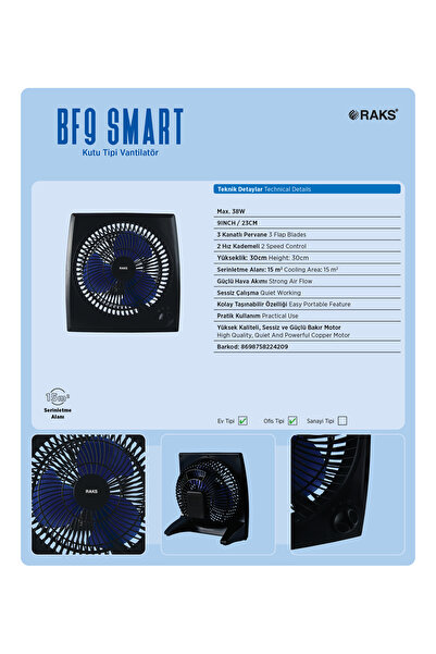 Raks BF9 Smart Kutu Tipi Vantilatör 38 Watt 9inç ve 15 Metrekare Serinletme Alanı