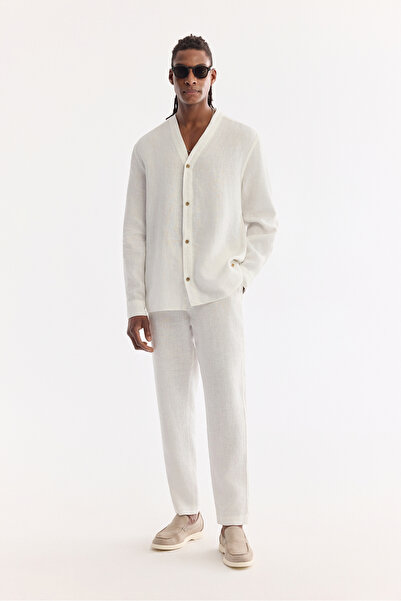 Avva Men's White Elastic Waist 100% Linen Relaxed Fit Trousers B003032