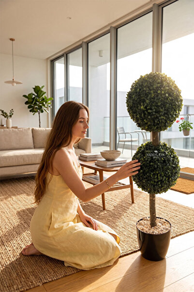 Yapay Çiçek Deposu Saksıda 2 Katlı Top Şimşir Ağacı 100 Cm