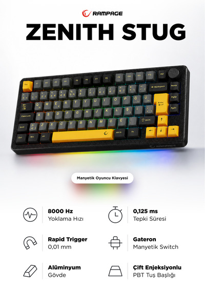 Rampage ZENITH STUG Aluminum Siyah Hot Swap 8000 Hz Gasket Manyetik RGB Rapid...