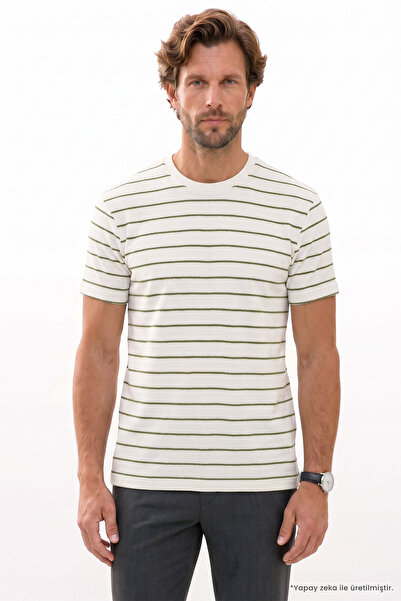 Tudors Men's Regular Fit Comfortable Cut Crew Neck Jacquard Striped Ecru T-Shirt