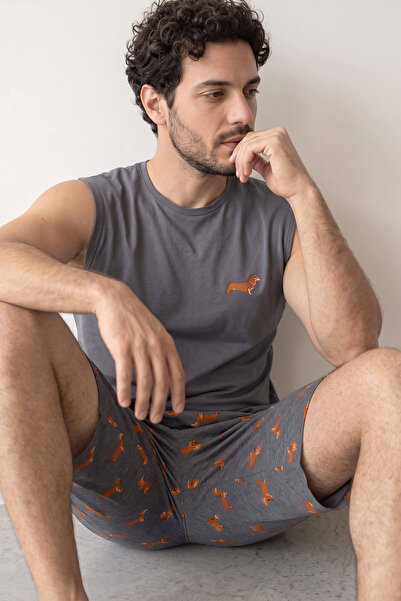 Pijamaevi Smoked Dasch Printed Men's Pajama Set with Zero Sleeve Shorts