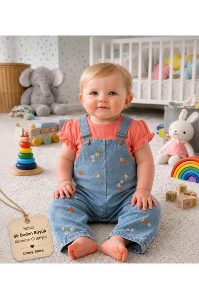 BEBEXO KIDS Colorful Floral Embroidered Denim Look 2-Piece Girls' Salopet Set...