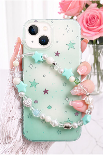 Fibaks iPhone 13/14/15 Kılıf Yıldız Desenli Charm Askılı Şeffaf Silikon | İçt...