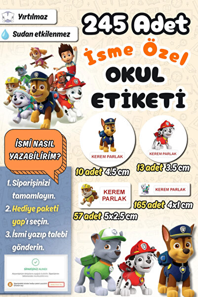 Sticker Ekspres Okul Etiketi Paw Patrol Kalem Defter Etiketi Özel İsim Yazıla...