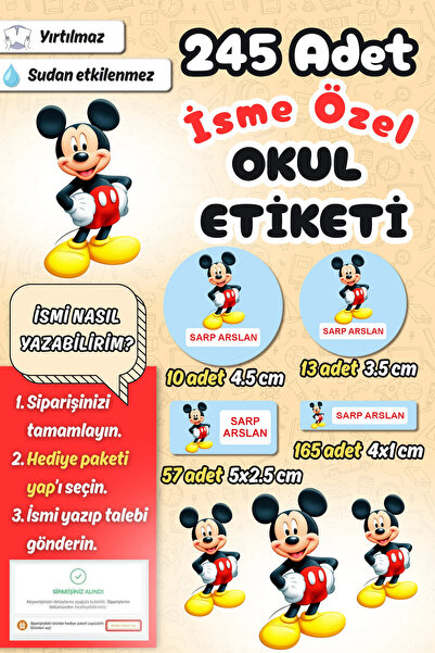 Sticker Ekspres Okul Etiketi Mickey Mouse Kalem Defter Etiketi Özel İsim Yazı...