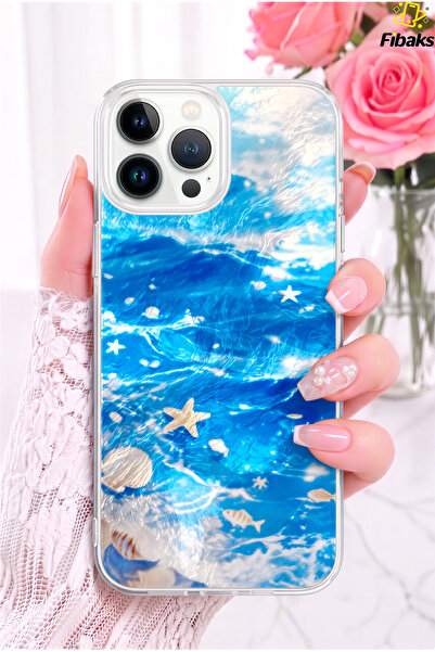 Fibaks iPhone 14 Pro Max/ 15 Pro Max Kılıf Deniz Dalgası Desenli Şeffaf Silik...