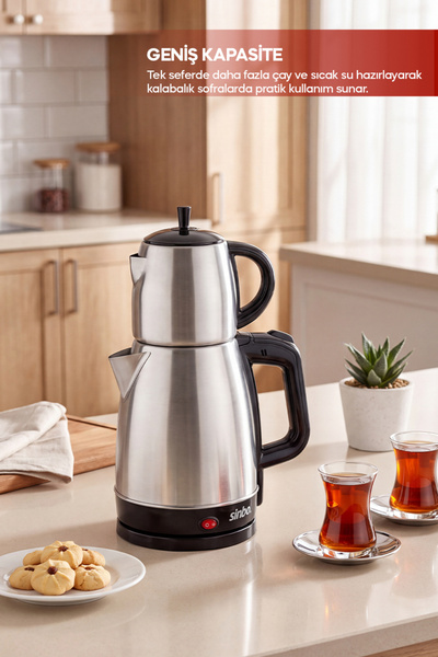 Sinbo STM-5827 2’si 1 Arada Paslanmaz Çelik Çay Makinesi ve Su Isıtıcı Kettle