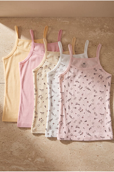 Katia&Bony Pack of 5 Patterned Thin Strap Girls' Undershirts Multi-Colored