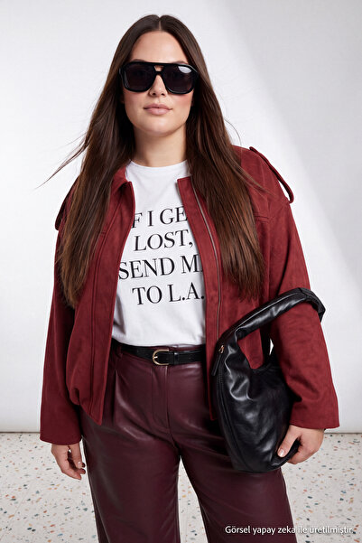 Trendyol Collection Burgundy Regular Suede Plus Size Coat Twoaw26Aw00024