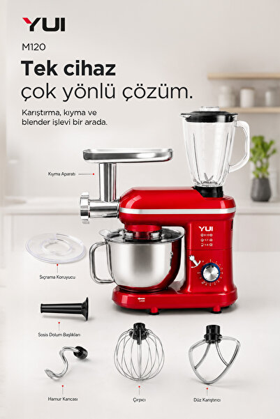 Yui M120 Multi-fonksiyonel 3'ü Bir Arada Stand Mikser Kıyma Setli Ve Blender Özellikli Kırmızı
