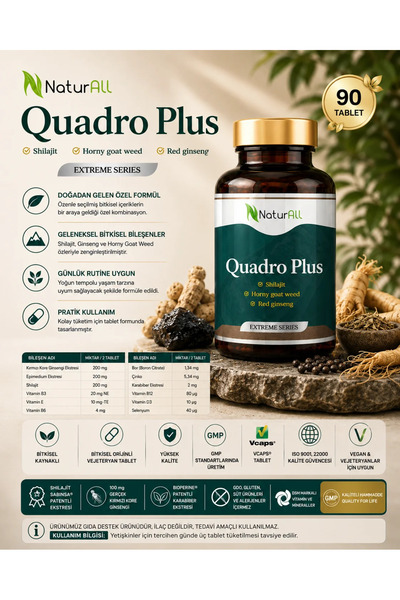 Naturall Quadro Plus Mumiyo Ve Kırmızı Kore Ginsengi Içeren Takviye Edici Gıd...