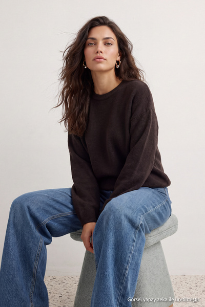 Trendyol Collection Brown More Sustainable Cotton Wide Fit Basic Knitwear Swe...