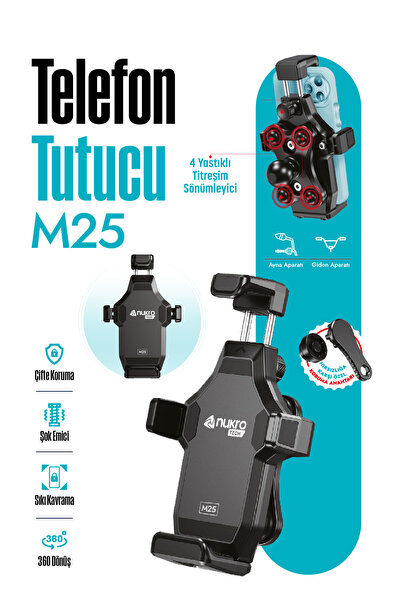 Nukrotech M25 Gidon Bağlantılı Titreşim Modüllü Motosiklet Telefon Tutucu