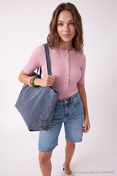 Trendyol Collection Wardrobe Essentials Powder Snap Detailed Ribbed Summer Kn...
