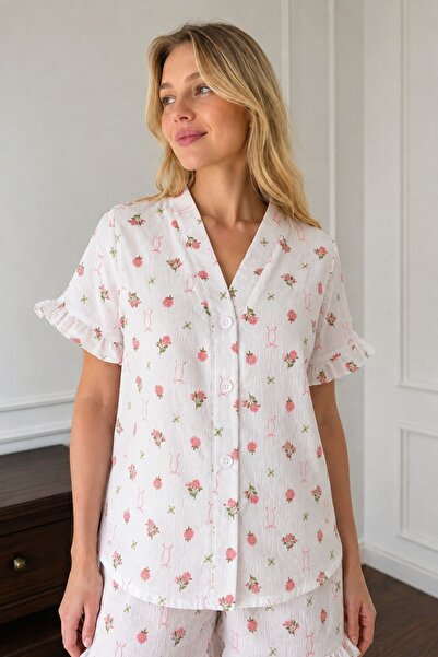 BELLA NOTTE Ekru Gül Ve Fiyonk Desenli Kısa Kollu Şortlu Pijama Takımı