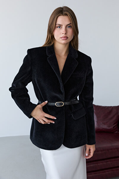 Trendyol Collection Blazer cu centură neagră și detalii din pene, croială nor...